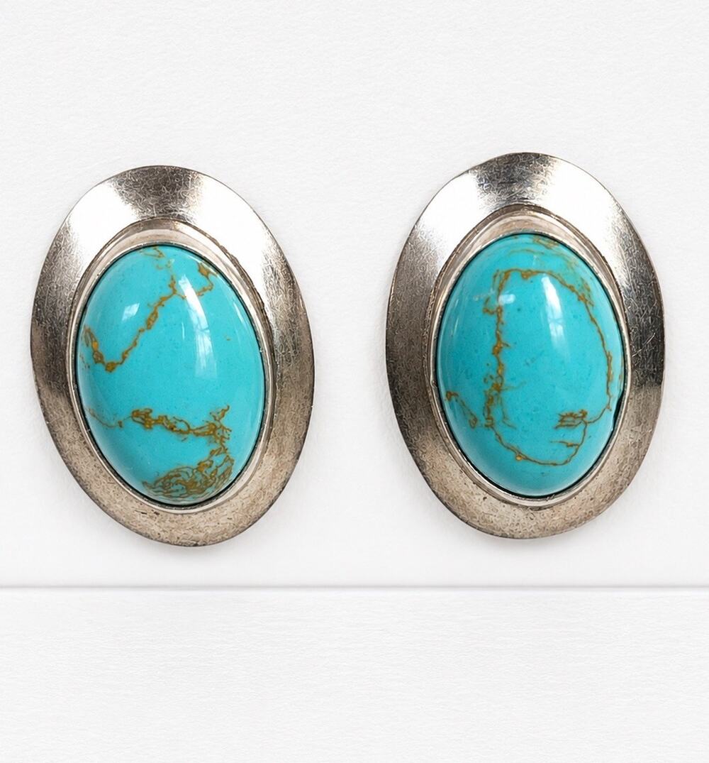 Vintage Sterling Silver Turquoise Stud Earrings Large Oval Southwestern 3/4”